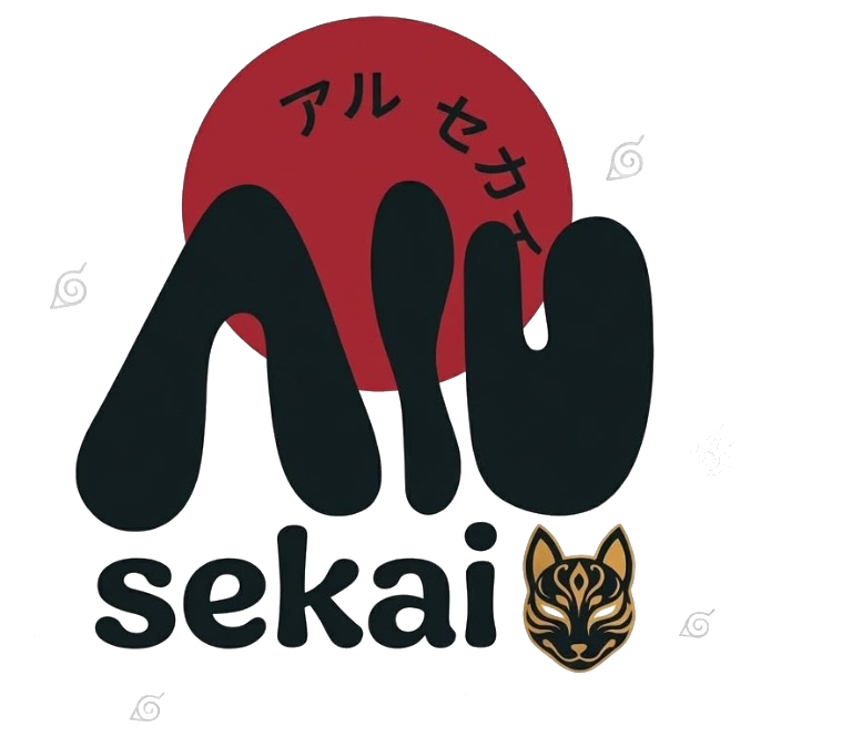 Logo de ALU Sekai: sol rojo y máscara kitsune dorada